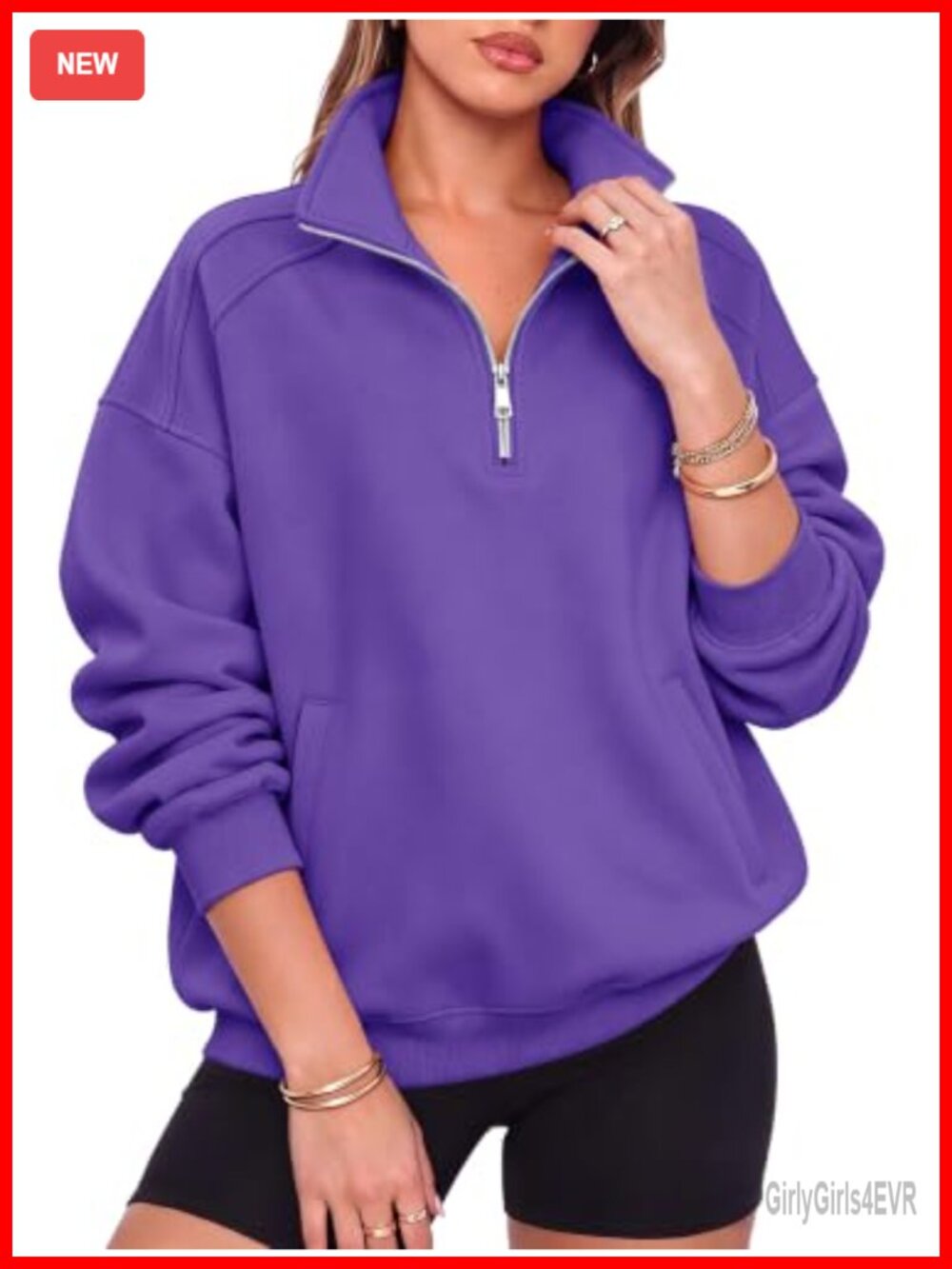 Oversized Half Zip Fleece Sweatshirt Henley Collar Snap Buttons Kangaroo Pocket